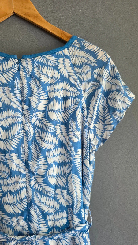 Boden Blue White Leaf Print Viscose Belted Dress UK 12 M/L Short Sleeve Summer