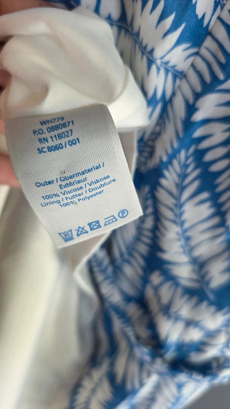 Boden Blue White Leaf Print Viscose Belted Dress UK 12 M/L Short Sleeve Summer