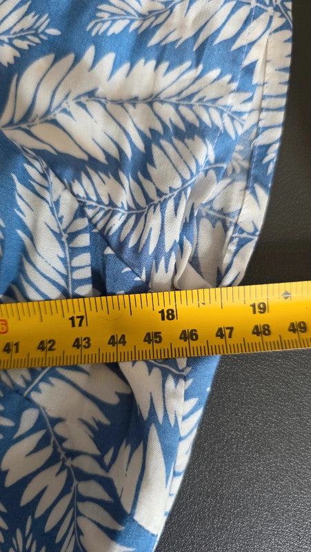 Boden Blue White Leaf Print Viscose Belted Dress UK 12 M/L Short Sleeve Summer