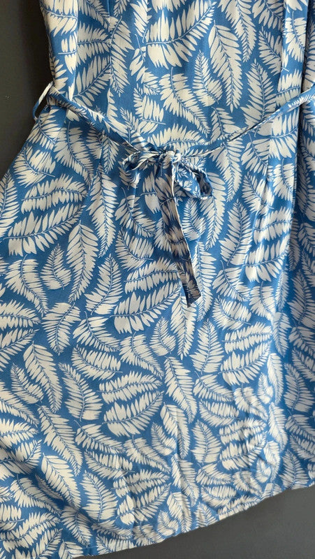 Boden Blue White Leaf Print Viscose Belted Dress UK 12 M/L Short Sleeve Summer