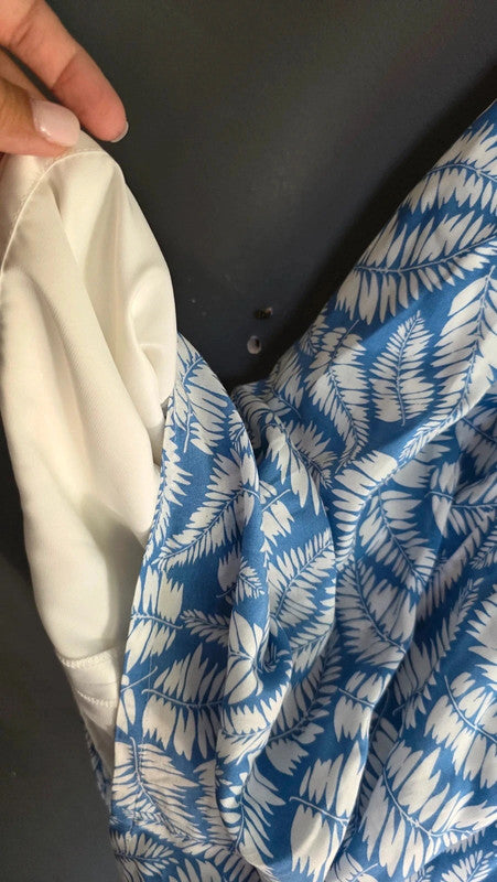Boden Blue White Leaf Print Viscose Belted Dress UK 12 M/L Short Sleeve Summer