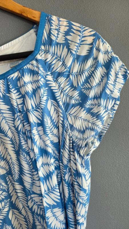 Boden Blue White Leaf Print Viscose Belted Dress UK 12 M/L Short Sleeve Summer