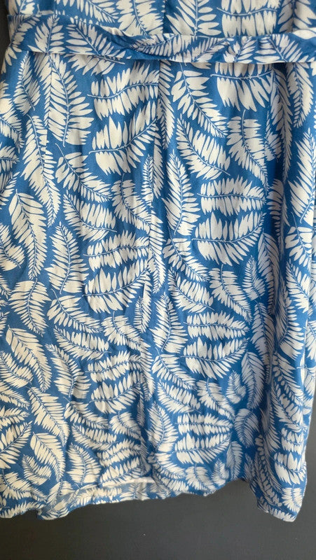 Boden Blue White Leaf Print Viscose Belted Dress UK 12 M/L Short Sleeve Summer