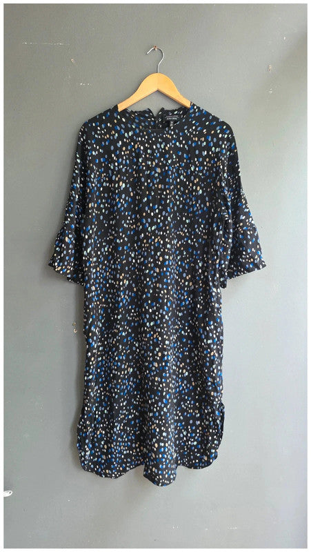 & Other Stories Polka Dot Black Blue Cream Midi Dress UK 14 3/4 Sleeve Relaxed