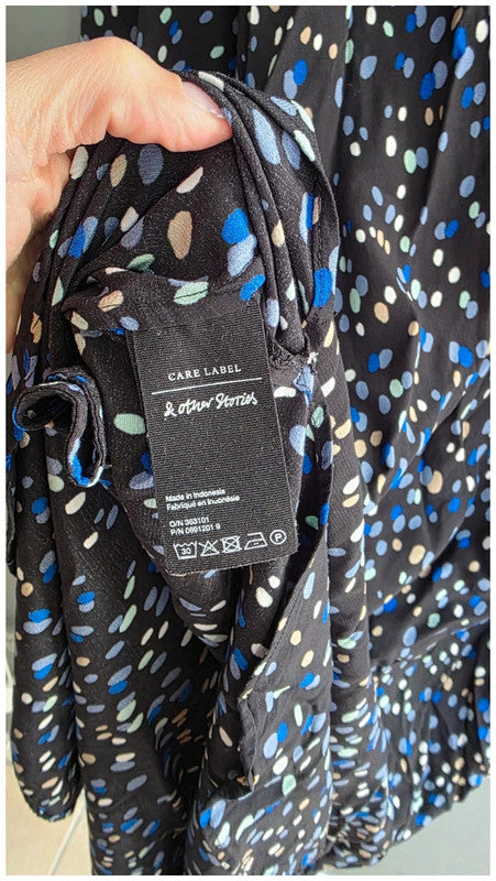 & Other Stories Polka Dot Black Blue Cream Midi Dress UK 14 3/4 Sleeve Relaxed