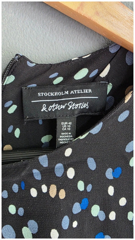 & Other Stories Polka Dot Black Blue Cream Midi Dress UK 14 3/4 Sleeve Relaxed