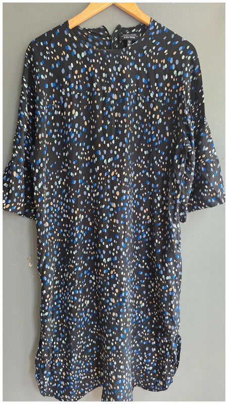 & Other Stories Polka Dot Black Blue Cream Midi Dress UK 14 3/4 Sleeve Relaxed