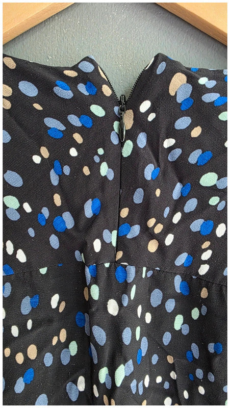 & Other Stories Polka Dot Black Blue Cream Midi Dress UK 14 3/4 Sleeve Relaxed