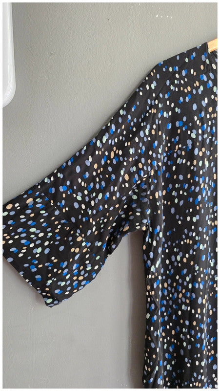 & Other Stories Polka Dot Black Blue Cream Midi Dress UK 14 3/4 Sleeve Relaxed
