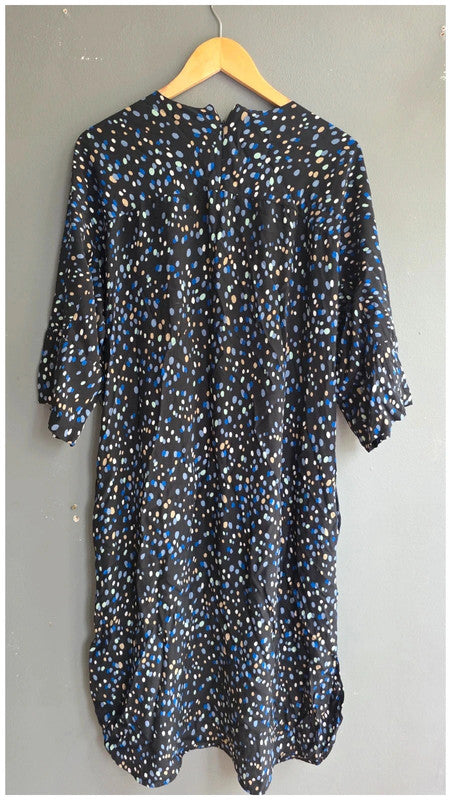 & Other Stories Polka Dot Black Blue Cream Midi Dress UK 14 3/4 Sleeve Relaxed