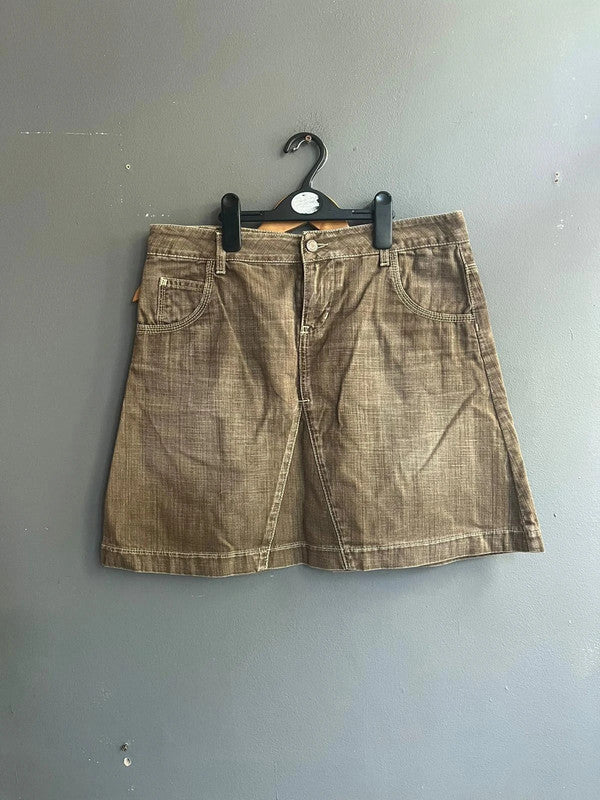 BODEN Brown Faded Cotton Denim Casual Mini Skirt UK 12 L Pockets Summer Y2K W32