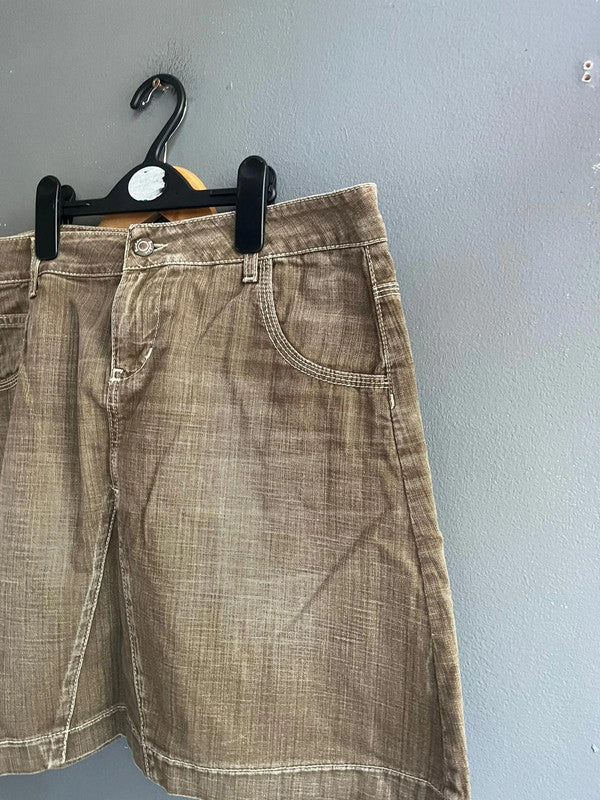 BODEN Brown Faded Cotton Denim Casual Mini Skirt UK 12 L Pockets Summer Y2K W32