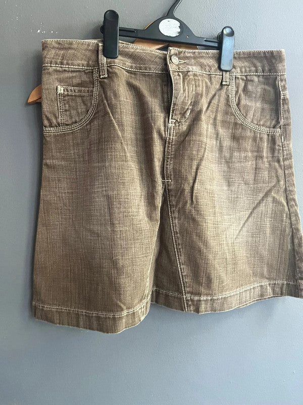 BODEN Brown Faded Cotton Denim Casual Mini Skirt UK 12 L Pockets Summer Y2K W32
