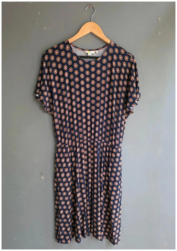 Boden Navy Blue Daisy Sunflower Floral Flutter Sleeve Jersey Dress UK 16 Soft