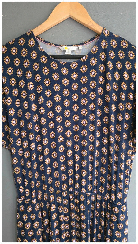 Boden Navy Blue Daisy Sunflower Floral Flutter Sleeve Jersey Dress UK 16 Soft