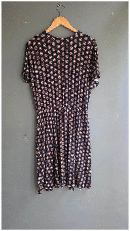 Boden Navy Blue Daisy Sunflower Floral Flutter Sleeve Jersey Dress UK 16 Soft