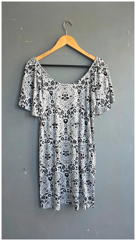 Boden NWT Scoop Neck Jersey Mini Dress Black White Exotic Tile Pattern UK 10 R