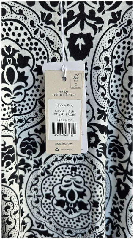 Boden NWT Scoop Neck Jersey Mini Dress Black White Exotic Tile Pattern UK 10 R