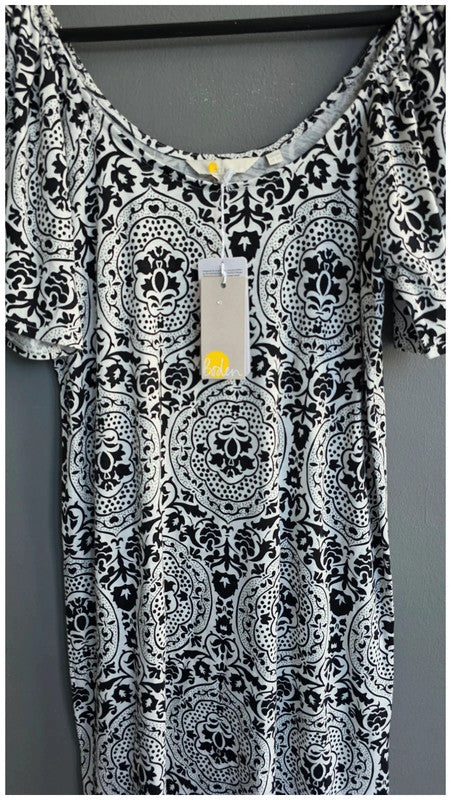Boden NWT Scoop Neck Jersey Mini Dress Black White Exotic Tile Pattern UK 10 R