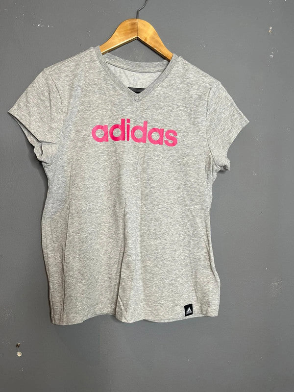 Adidas Grey Short Sleeve Logo T-Shirt Pink Print Casual Activewear Basic UK 12 M