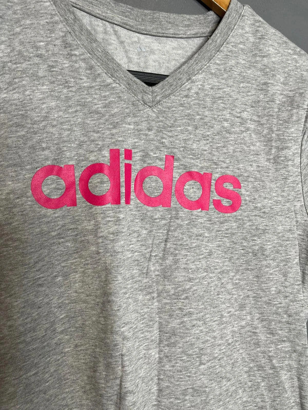 Adidas Grey Short Sleeve Logo T-Shirt Pink Print Casual Activewear Basic UK 12 M