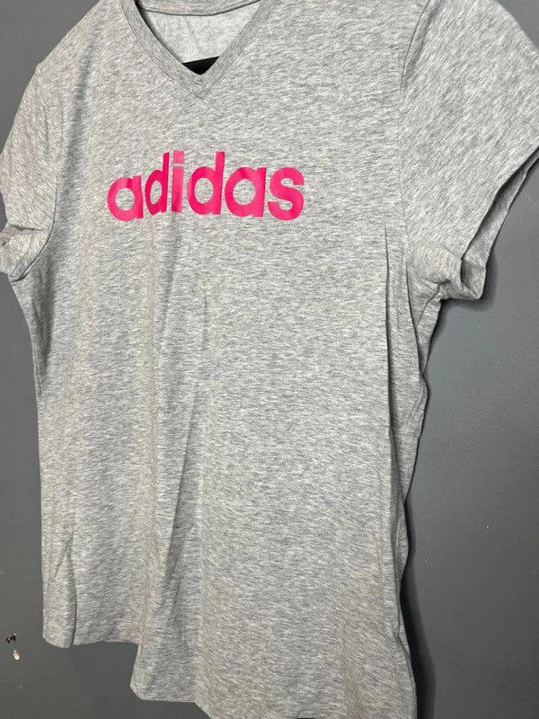 Adidas Grey Short Sleeve Logo T-Shirt Pink Print Casual Activewear Basic UK 12 M