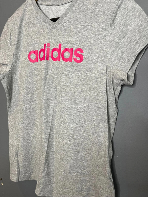 Adidas Grey Short Sleeve Logo T-Shirt Pink Print Casual Activewear Basic UK 12 M