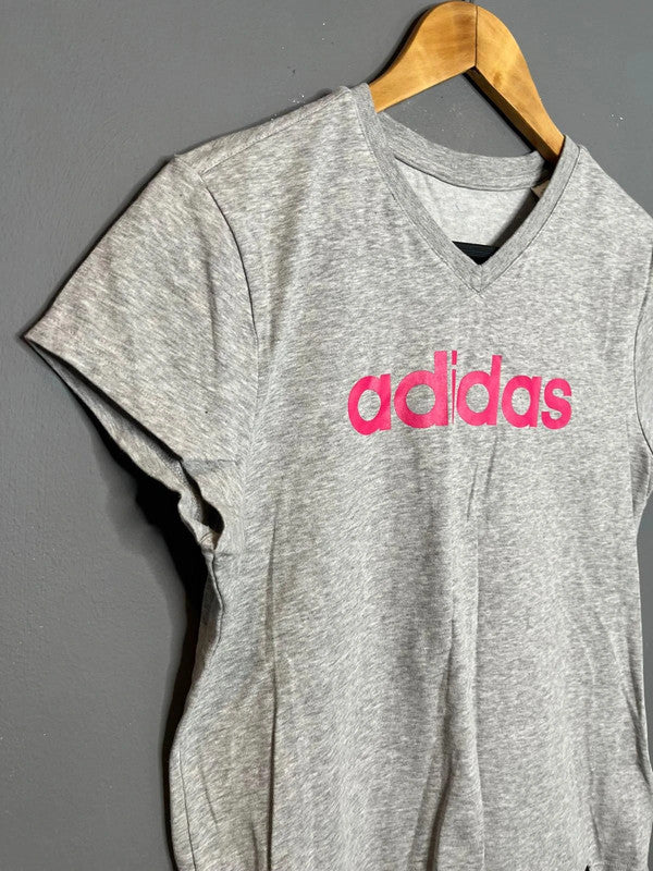 Adidas Grey Short Sleeve Logo T-Shirt Pink Print Casual Activewear Basic UK 12 M