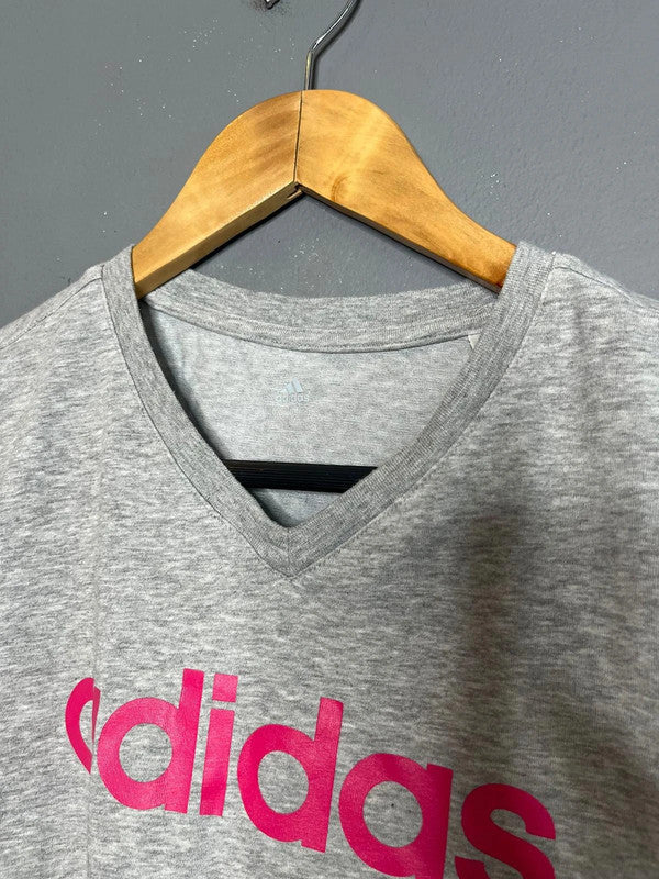 Adidas Grey Short Sleeve Logo T-Shirt Pink Print Casual Activewear Basic UK 12 M