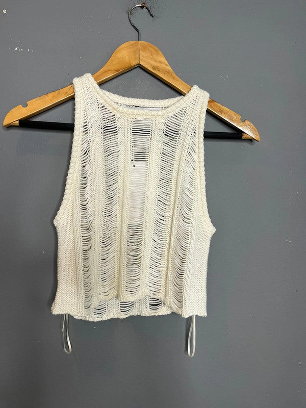 Bershka NWT White Open Knit Distressed Sleeveless Top Festival Summer Style XS-S