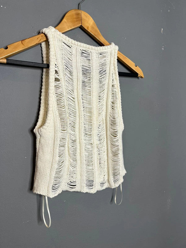 Bershka NWT White Open Knit Distressed Sleeveless Top Festival Summer Style XS-S
