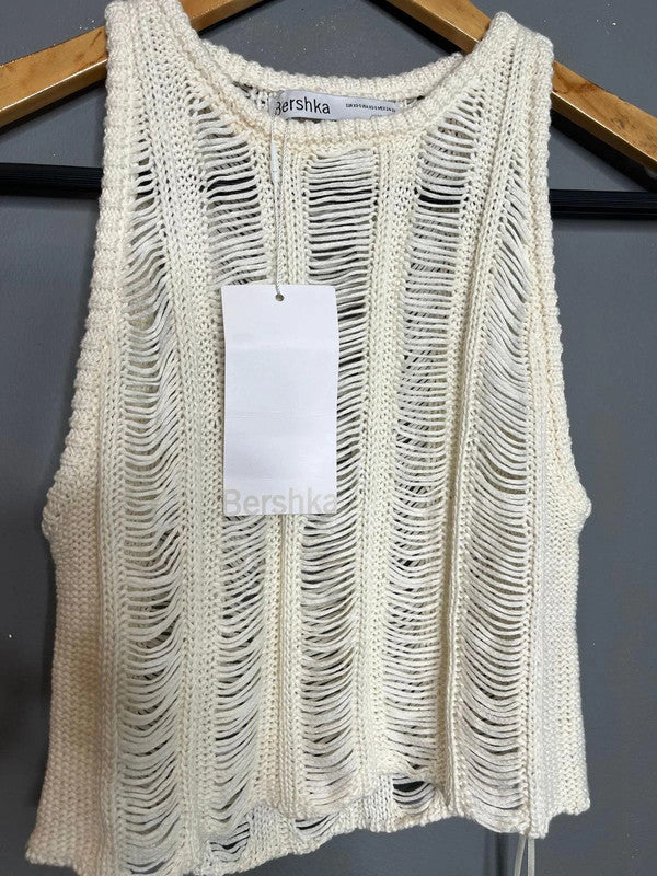 Bershka NWT White Open Knit Distressed Sleeveless Top Festival Summer Style XS-S
