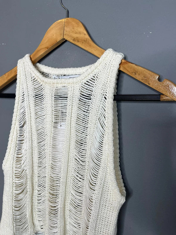 Bershka NWT White Open Knit Distressed Sleeveless Top Festival Summer Style XS-S