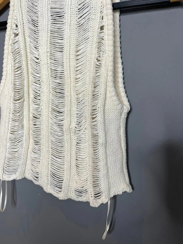 Bershka NWT White Open Knit Distressed Sleeveless Top Festival Summer Style XS-S