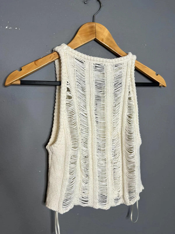 Bershka NWT White Open Knit Distressed Sleeveless Top Festival Summer Style XS-S