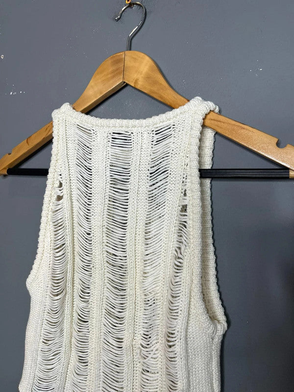 Bershka NWT White Open Knit Distressed Sleeveless Top Festival Summer Style XS-S