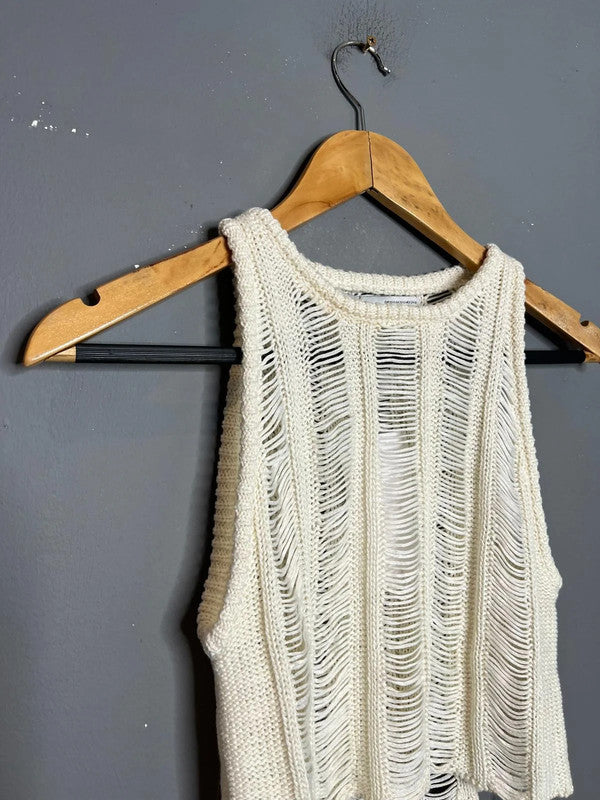 Bershka NWT White Open Knit Distressed Sleeveless Top Festival Summer Style XS-S