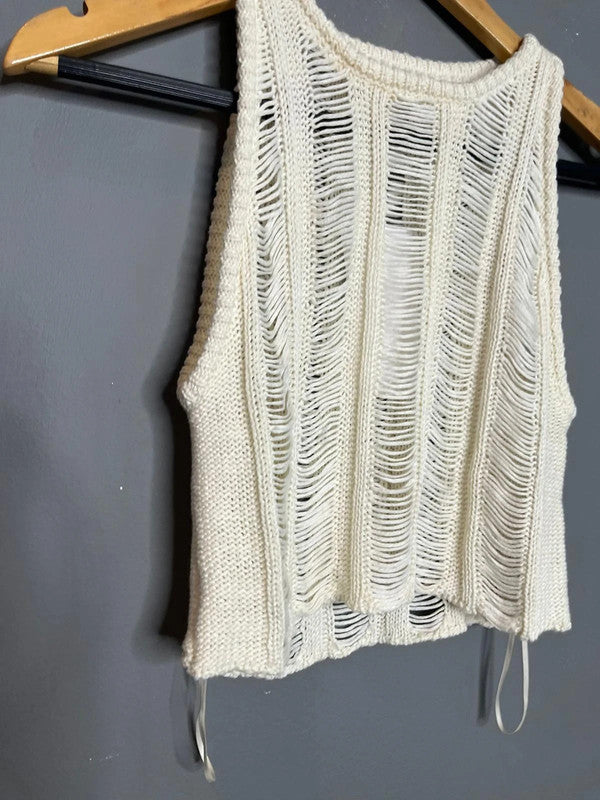 Bershka NWT White Open Knit Distressed Sleeveless Top Festival Summer Style XS-S