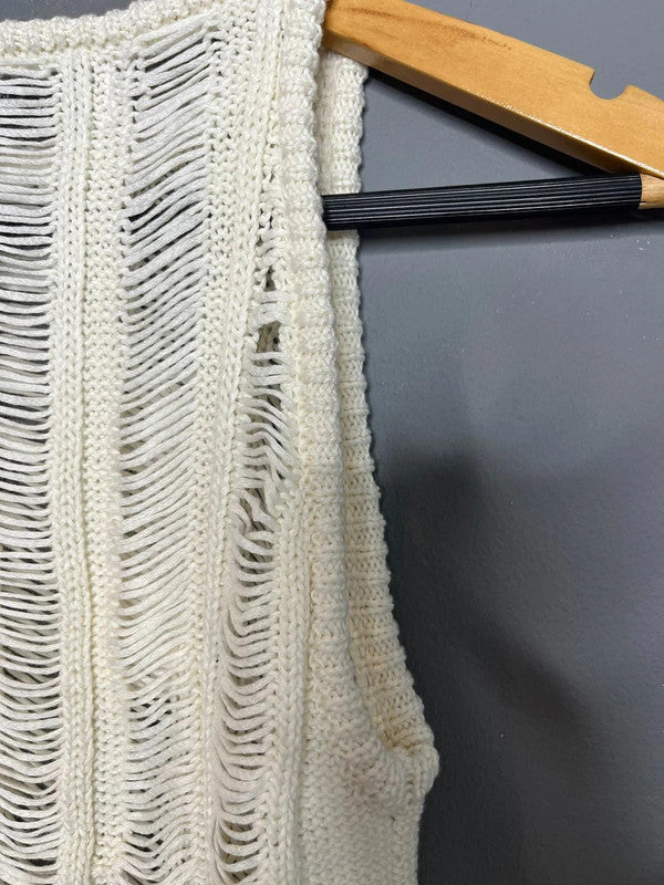 Bershka NWT White Open Knit Distressed Sleeveless Top Festival Summer Style XS-S