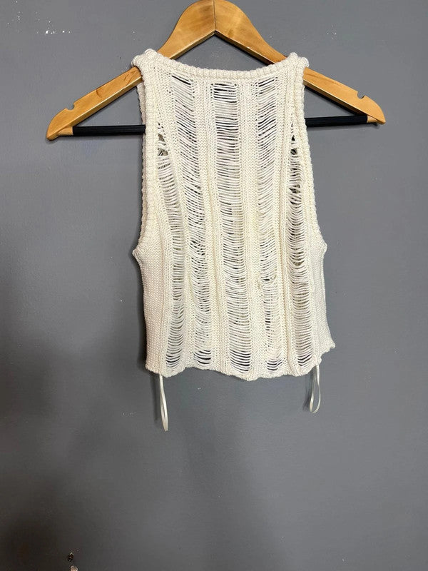 Bershka NWT White Open Knit Distressed Sleeveless Top Festival Summer Style XS-S