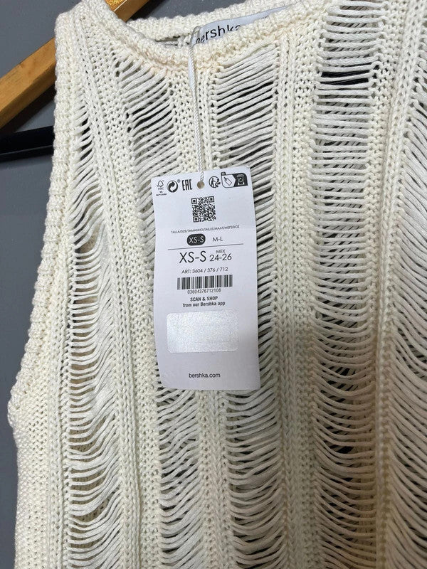 Bershka NWT White Open Knit Distressed Sleeveless Top Festival Summer Style XS-S