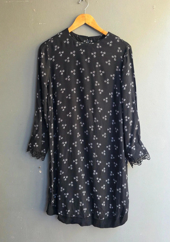 & Other Stories Black White Butterfly Print Shift Dress UK 6 XS Lace Trim Summer