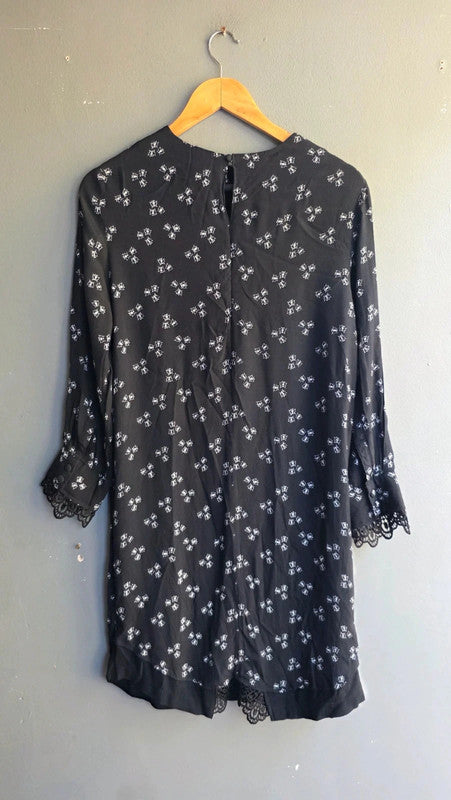 & Other Stories Black White Butterfly Print Shift Dress UK 6 XS Lace Trim Summer