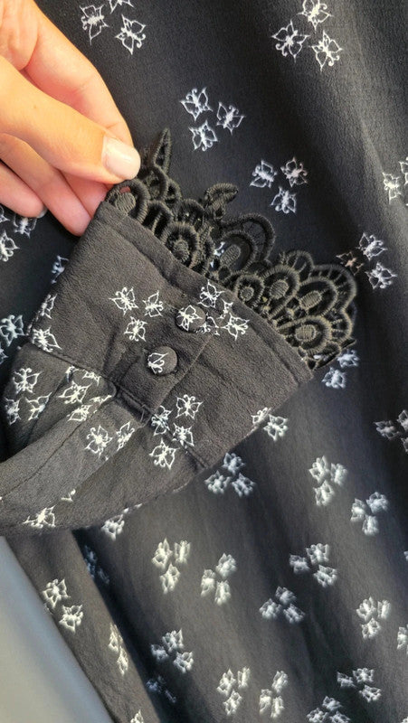 & Other Stories Black White Butterfly Print Shift Dress UK 6 XS Lace Trim Summer