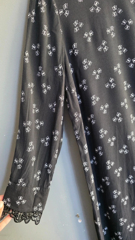 & Other Stories Black White Butterfly Print Shift Dress UK 6 XS Lace Trim Summer