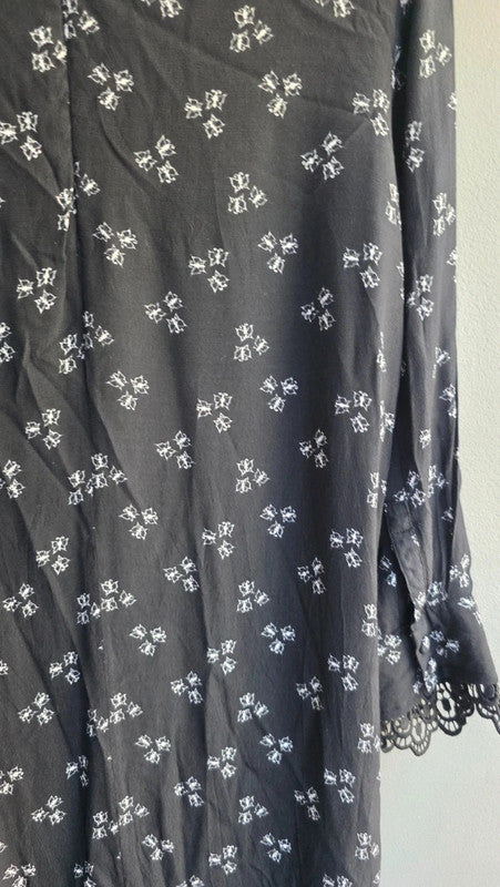 & Other Stories Black White Butterfly Print Shift Dress UK 6 XS Lace Trim Summer