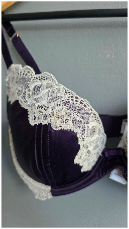 Autograph Rosie Silk Lace Bra (Grape 32DD) Cream Purple Wired - Excellent .