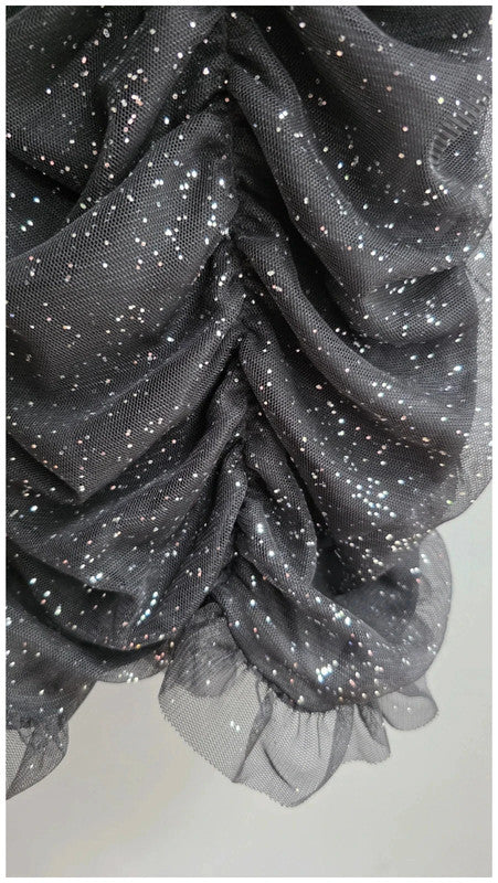 Bershka XS 6 LBD Black Glitter Ruched Ruffle Party Mini Dress Sleeveless BNWT