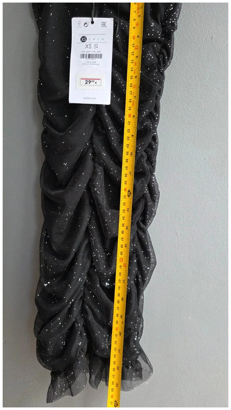 Bershka XS 6 LBD Black Glitter Ruched Ruffle Party Mini Dress Sleeveless BNWT