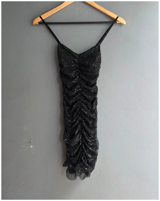 Bershka XS 6 LBD Black Glitter Ruched Ruffle Party Mini Dress Sleeveless BNWT